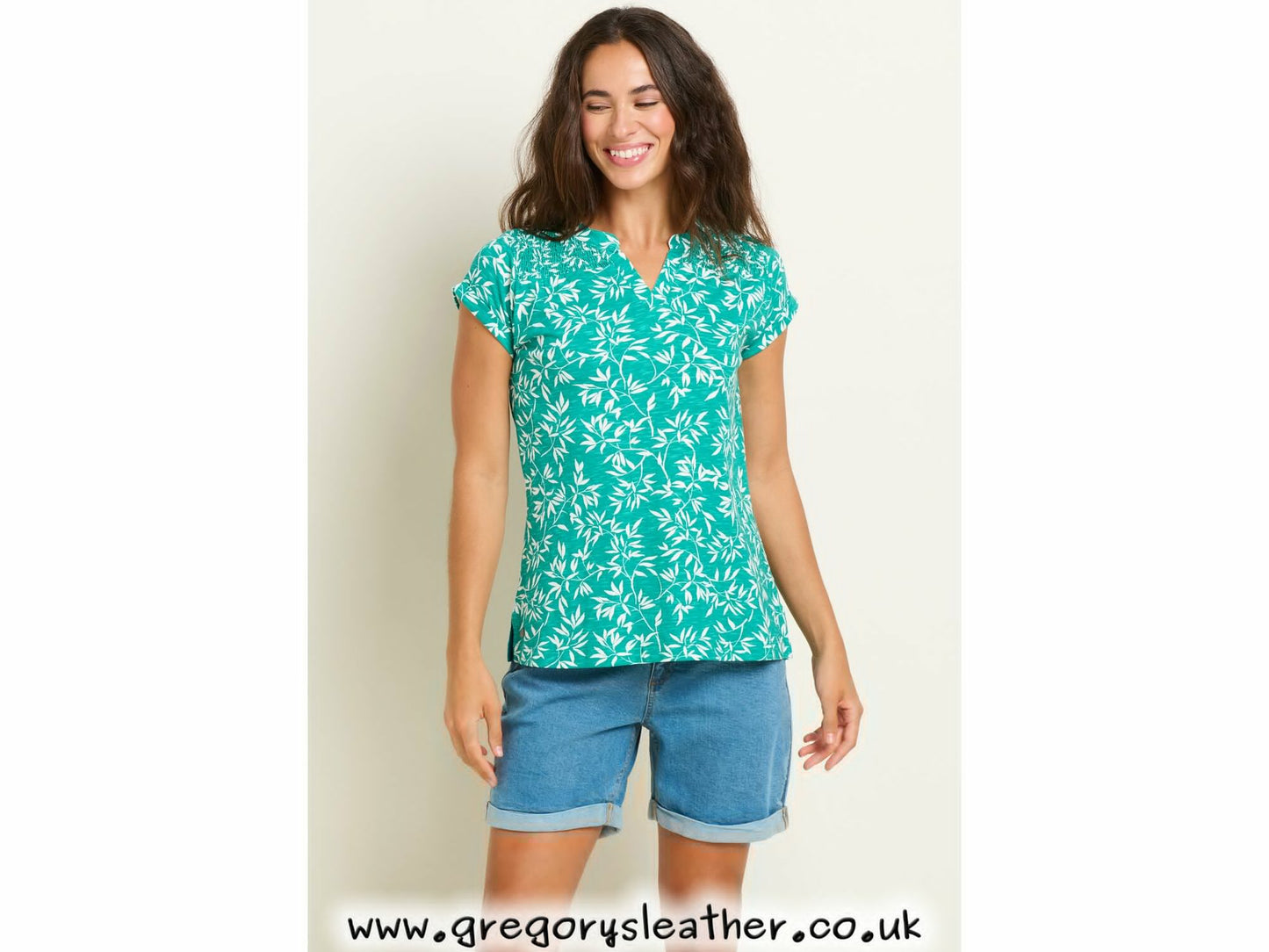 Green Bamboo Leaves Notch Neck Tshirt by Brakeburn