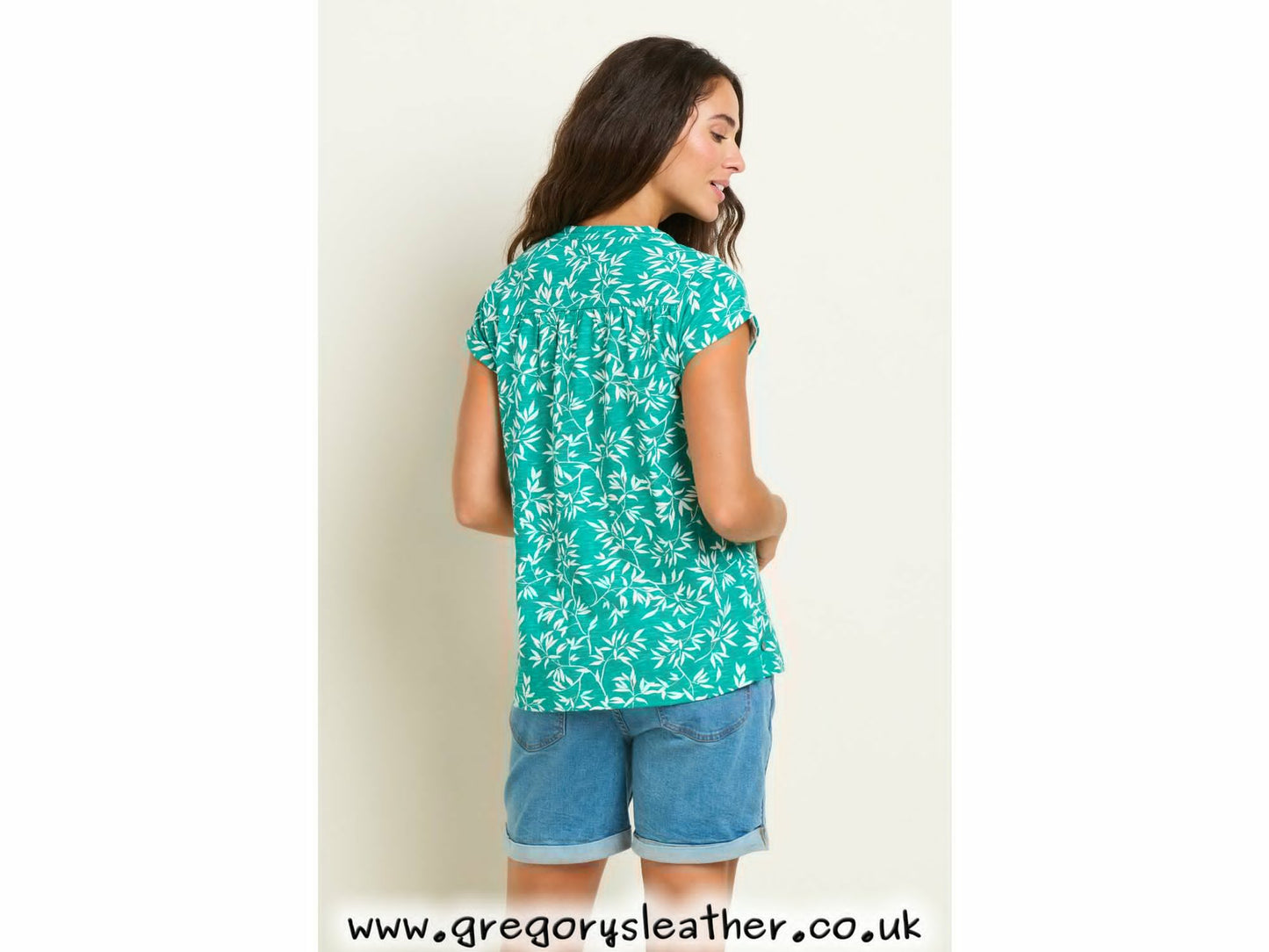 Green Bamboo Leaves Notch Neck Tshirt by Brakeburn