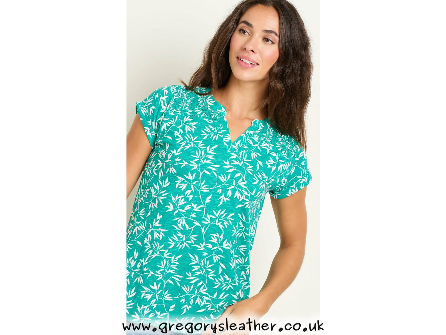 Green Bamboo Leaves Notch Neck Tshirt by Brakeburn