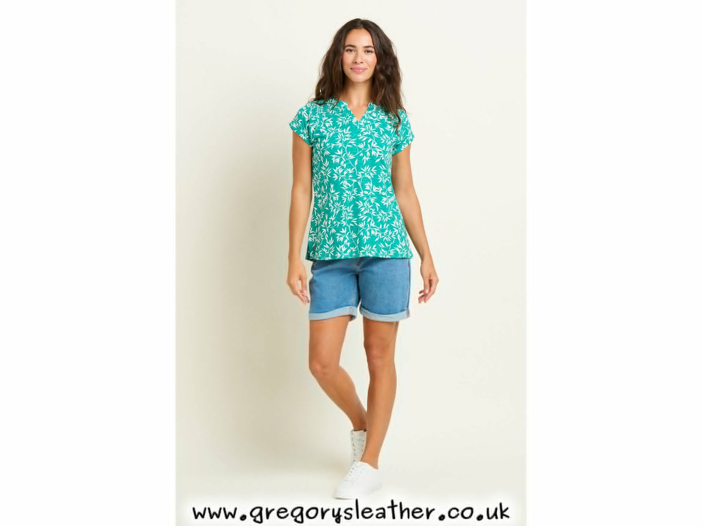 Green Bamboo Leaves Notch Neck Tshirt by Brakeburn