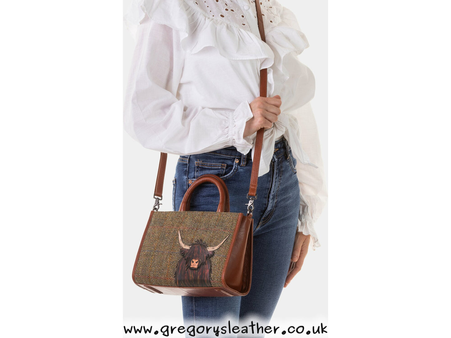 Brown Highland Cow Tweed Leather Grab Bag by Yoshi
