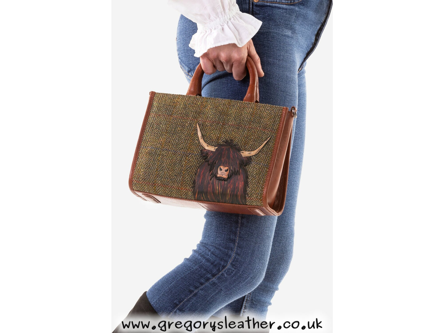 Brown Highland Cow Tweed Leather Grab Bag by Yoshi