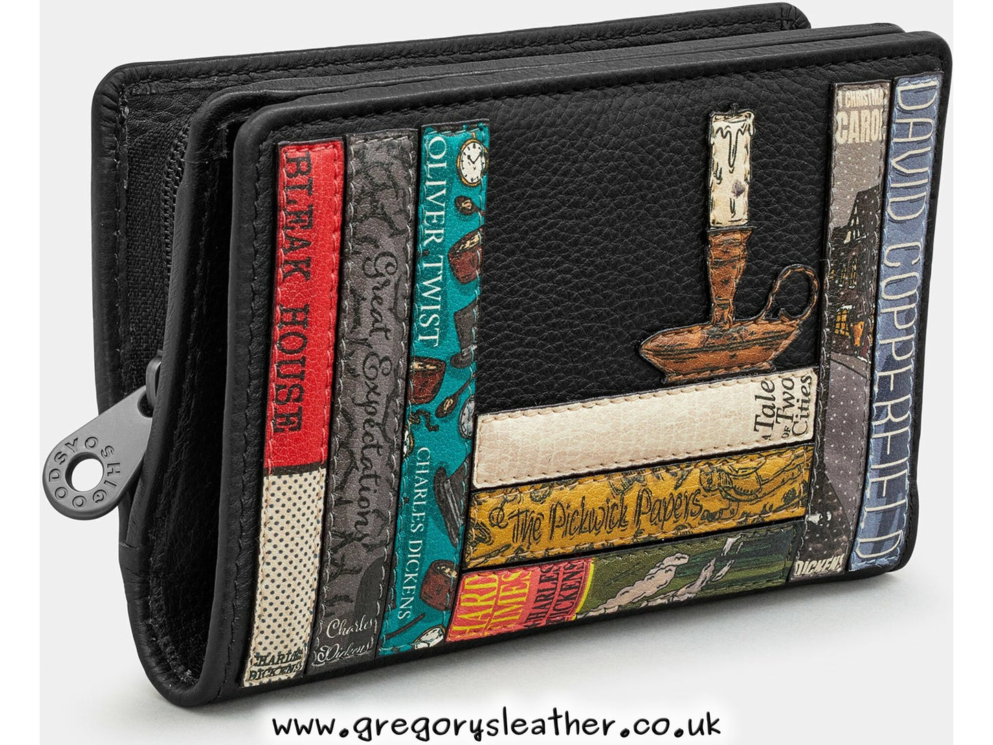 Black Charles Dickens Dickens Bookworm Flap Over Zip Around Leather Purse by Yoshi