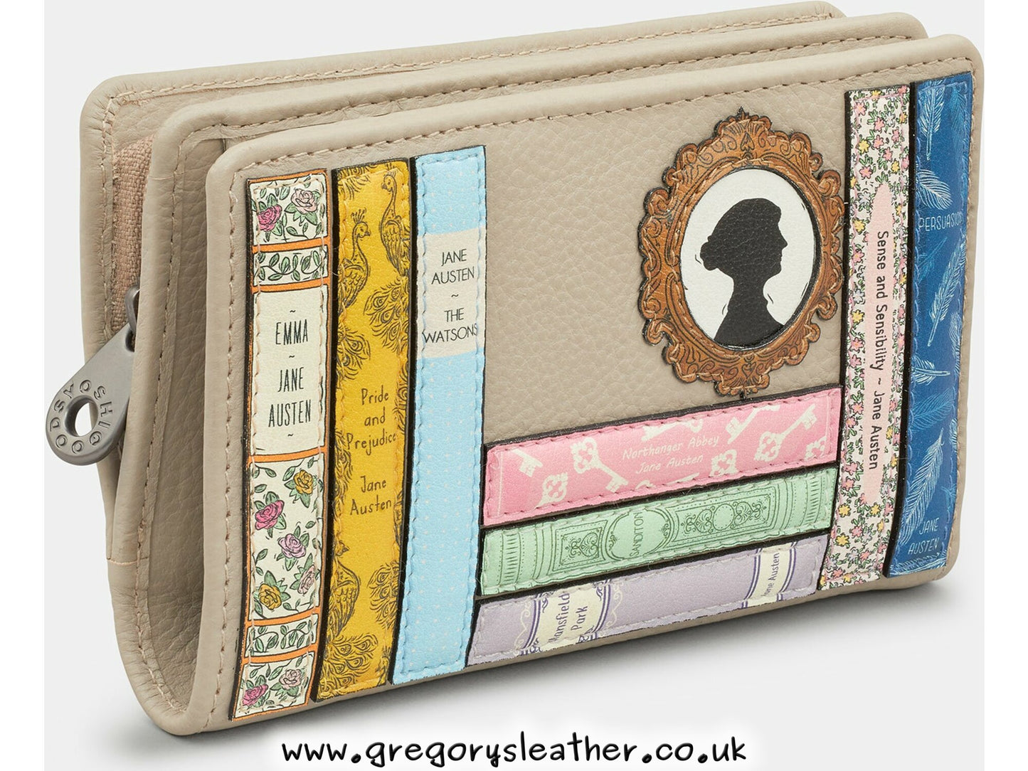 Warm Grey Jane Austen Bookworm Library Zip Around Leather Purse by Yoshi