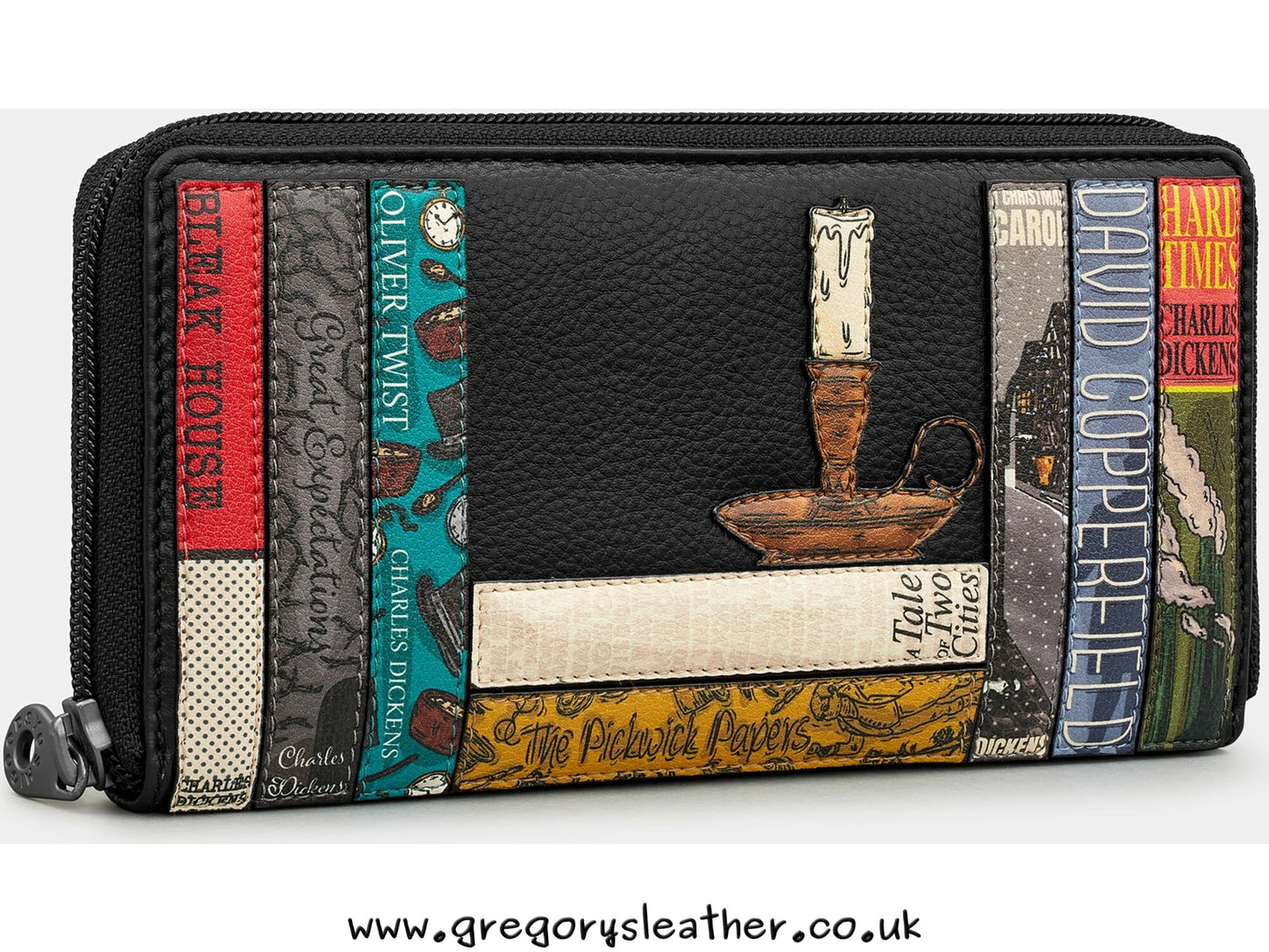 Black Charles Dickens Dickens Bookworm Zip Round Leather Purse by Yoshi