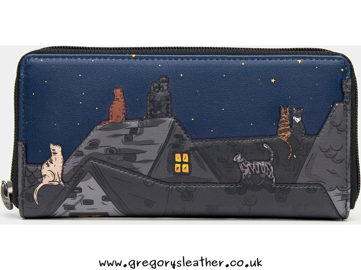 Black Stargazing Cats Zip Round Leather Purse by Yoshi