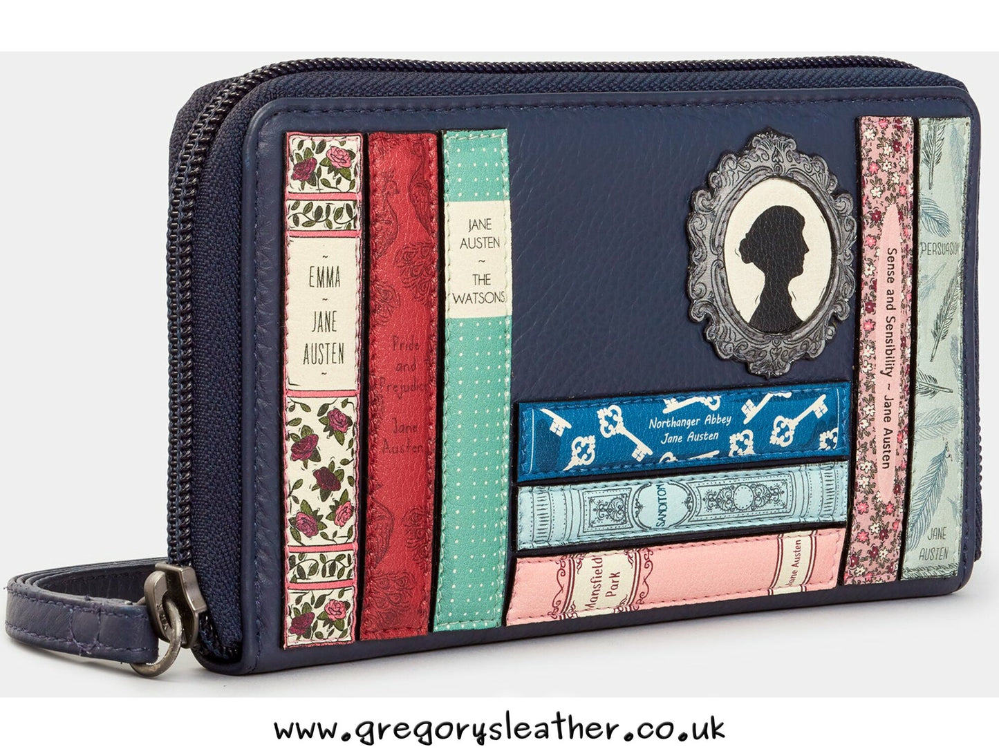 Navy Jane Austen Bookworm Zip Round Leather Purse With Strap by Yoshi