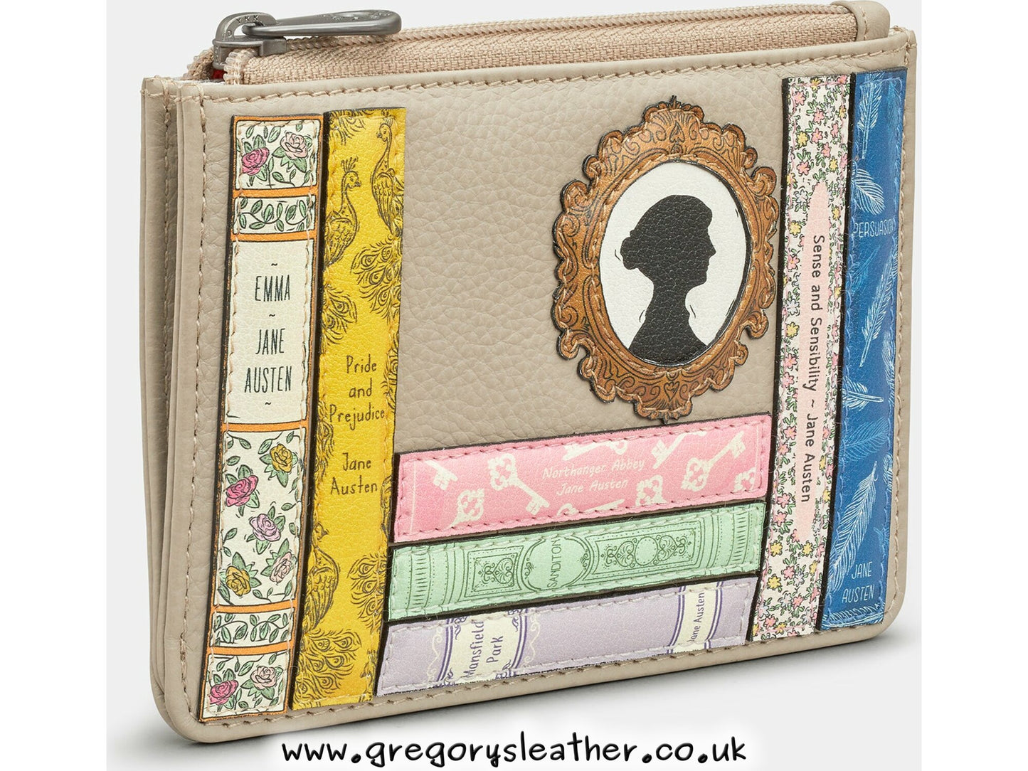 Warm Grey Jane Austen Bookworm Zip Top Leather Purse by Yoshi