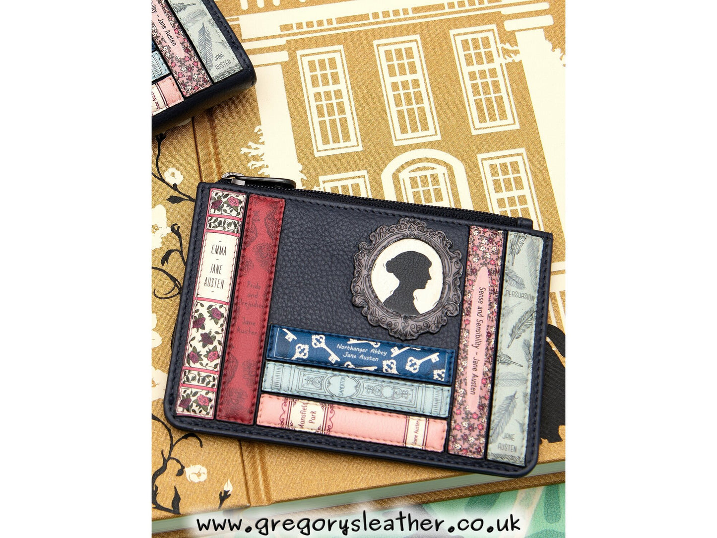 Navy Jane Austen Bookworm Zip Top Leather Purse by Yoshi