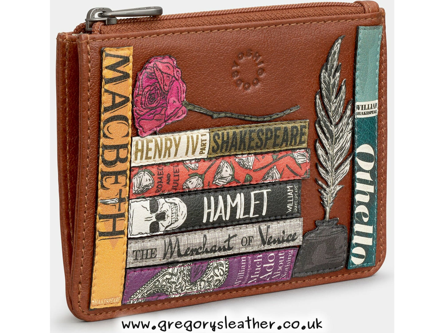 Tan Shakespeare Bookworm Zip Top Leather Purse by Yoshi