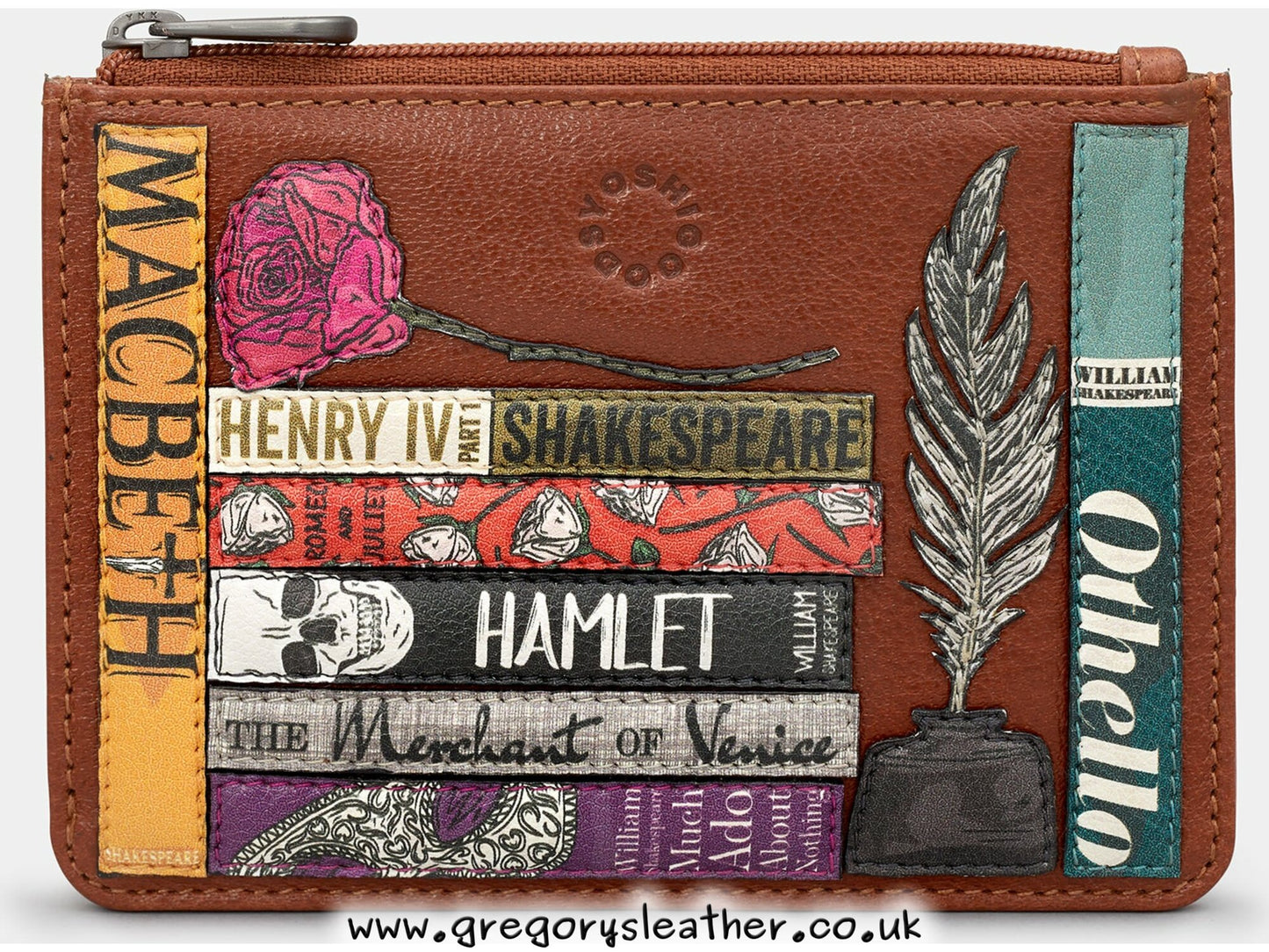Tan Shakespeare Bookworm Zip Top Leather Purse by Yoshi