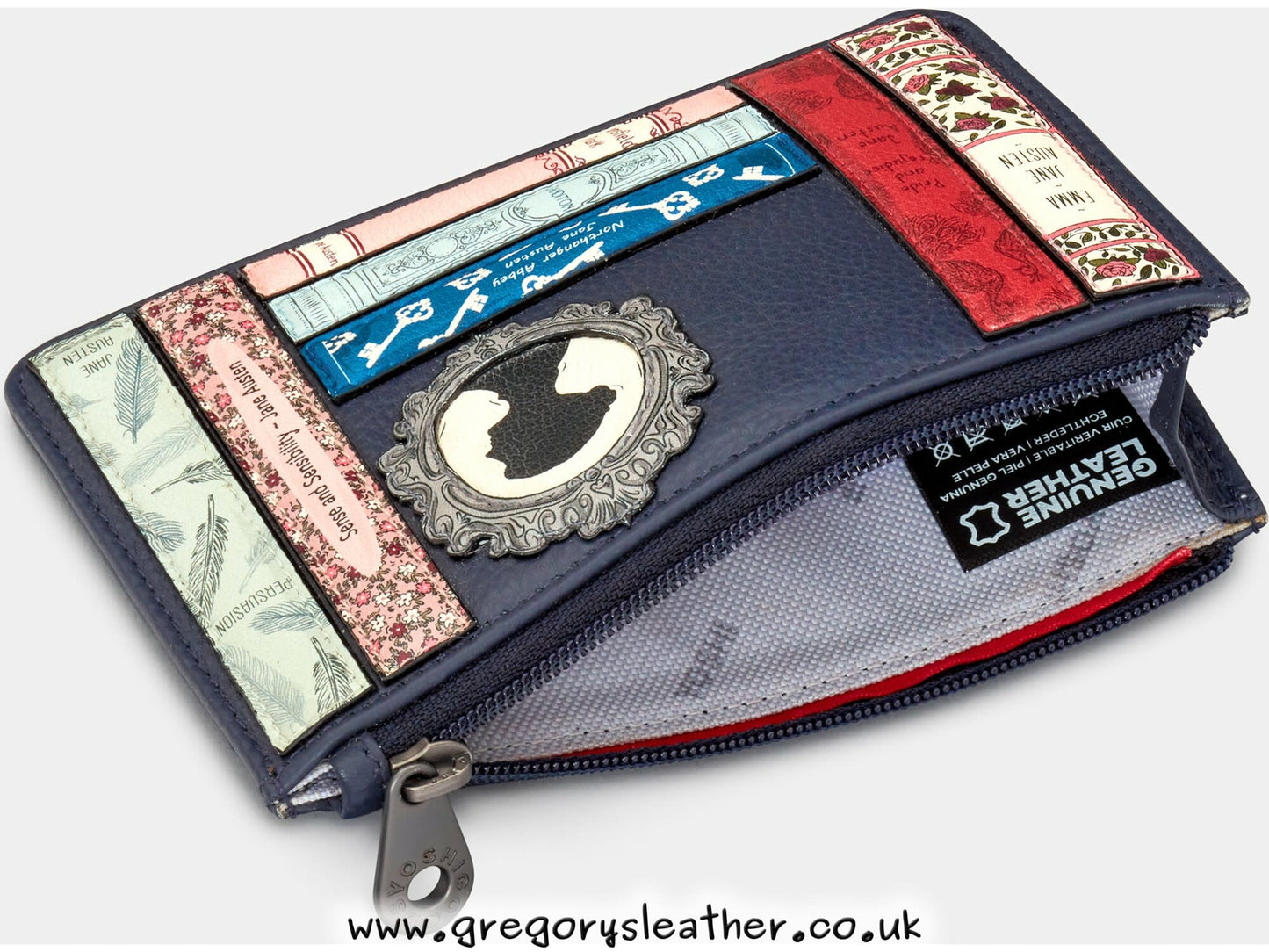 Navy Jane Austen Bookworm Zip Top Leather Purse by Yoshi