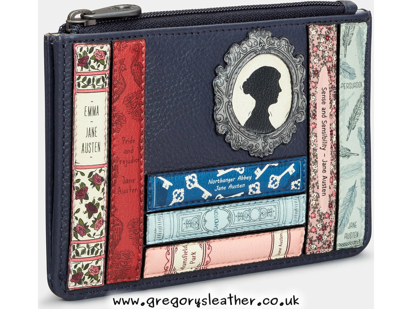 Navy Jane Austen Bookworm Zip Top Leather Purse by Yoshi