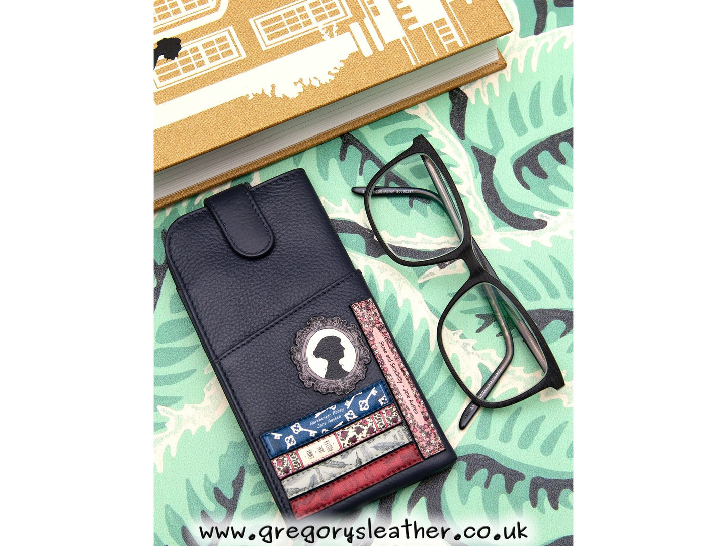 Navy Jane Austen Bookworm Library Leather Glasses Case by Yoshi