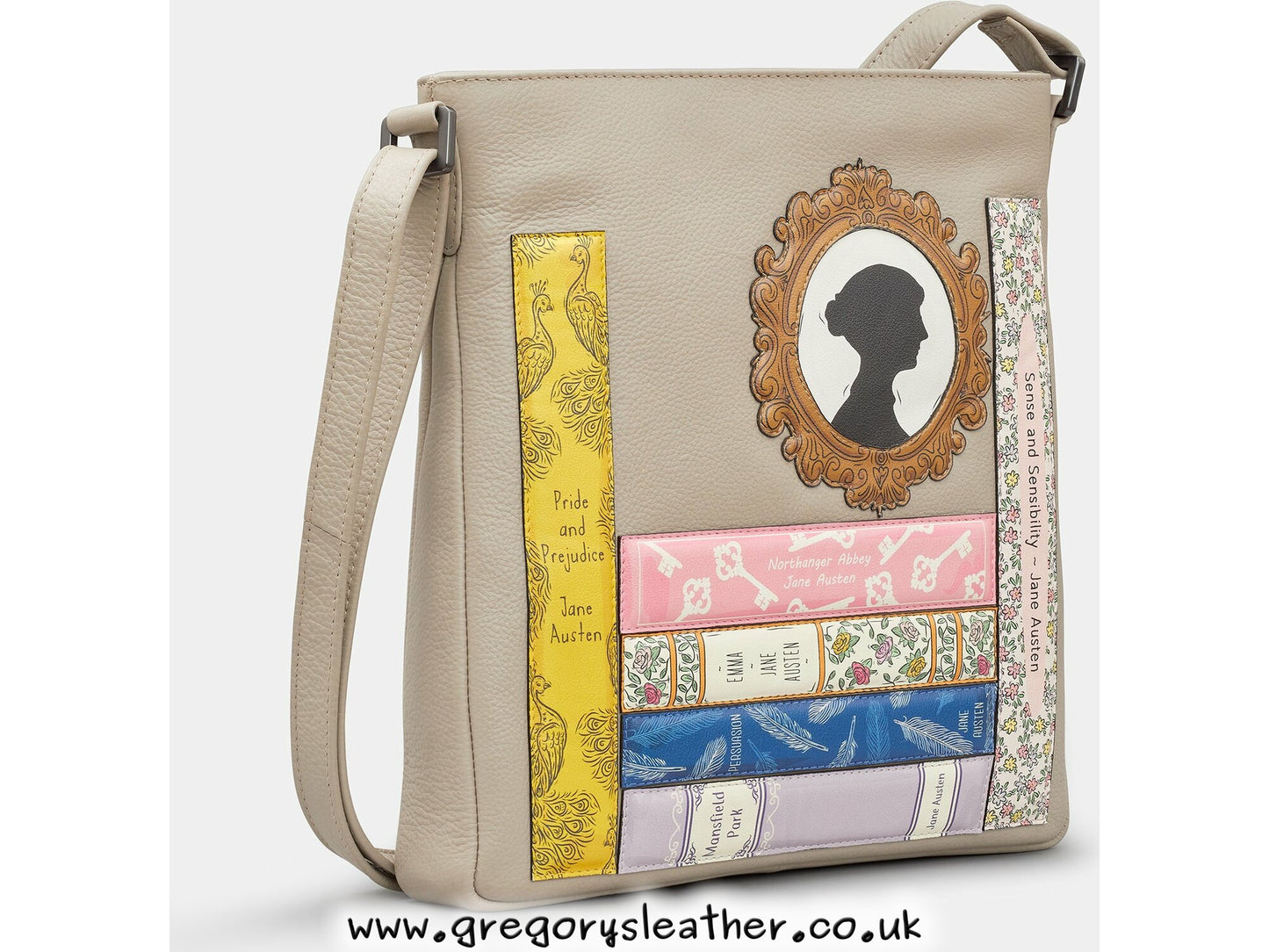 Warm Grey Jane Austen Bookworm Bryant Leather Cross Body Bag by Yoshi