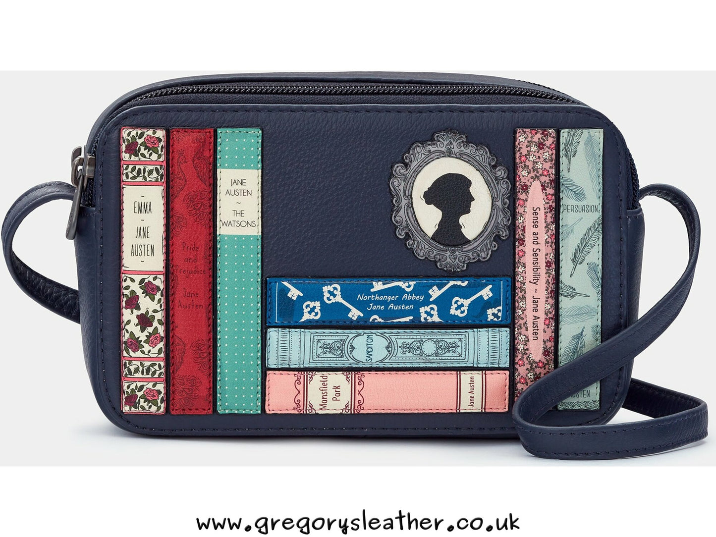 Navy Jane Austen Bookworm Leather Porter Cross Body Bag by Yoshi