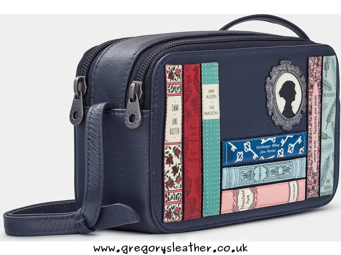 Navy Jane Austen Bookworm Leather Porter Cross Body Bag by Yoshi