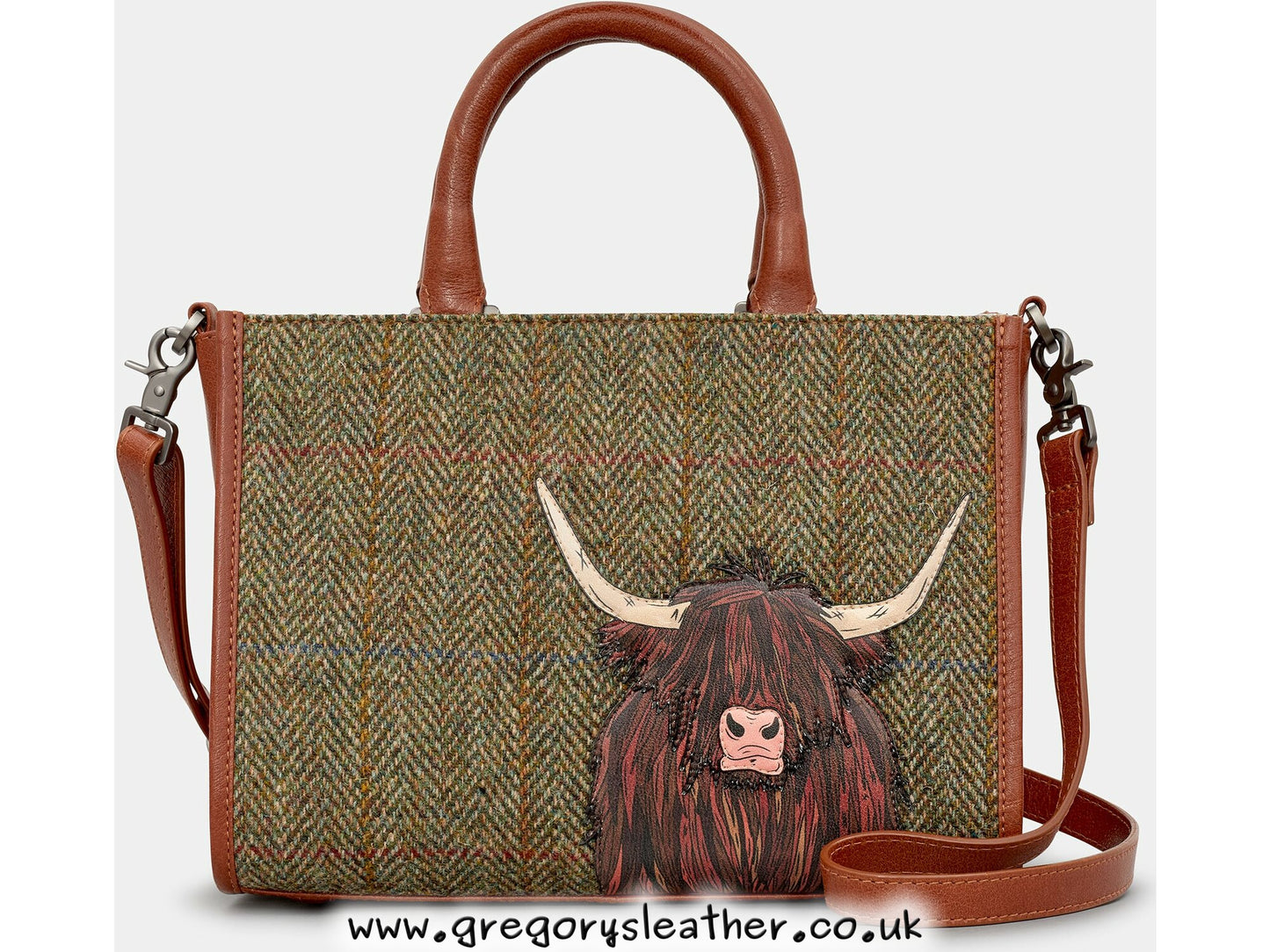Brown Highland Cow Tweed Leather Grab Bag by Yoshi