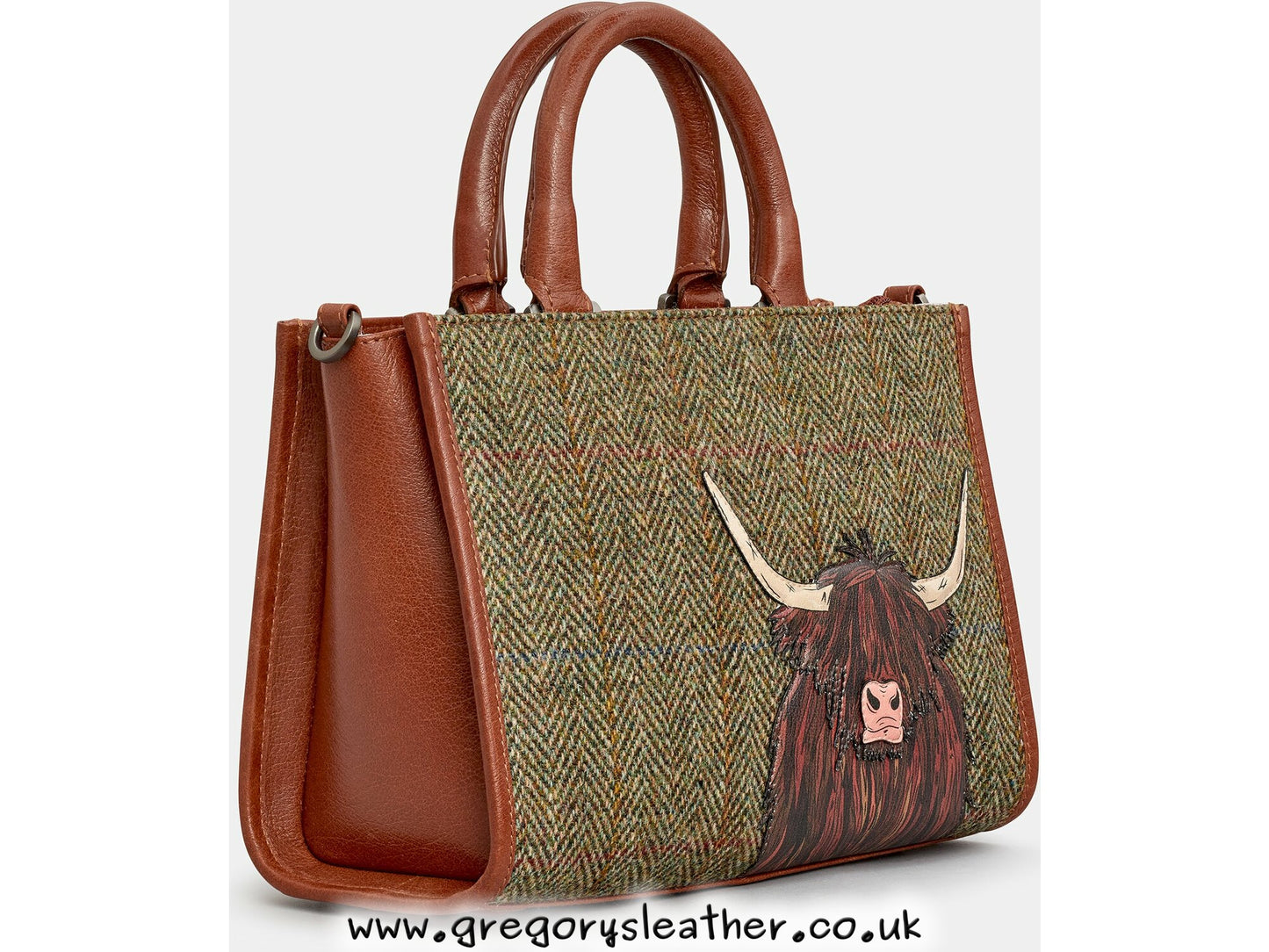 Brown Highland Cow Tweed Leather Grab Bag by Yoshi