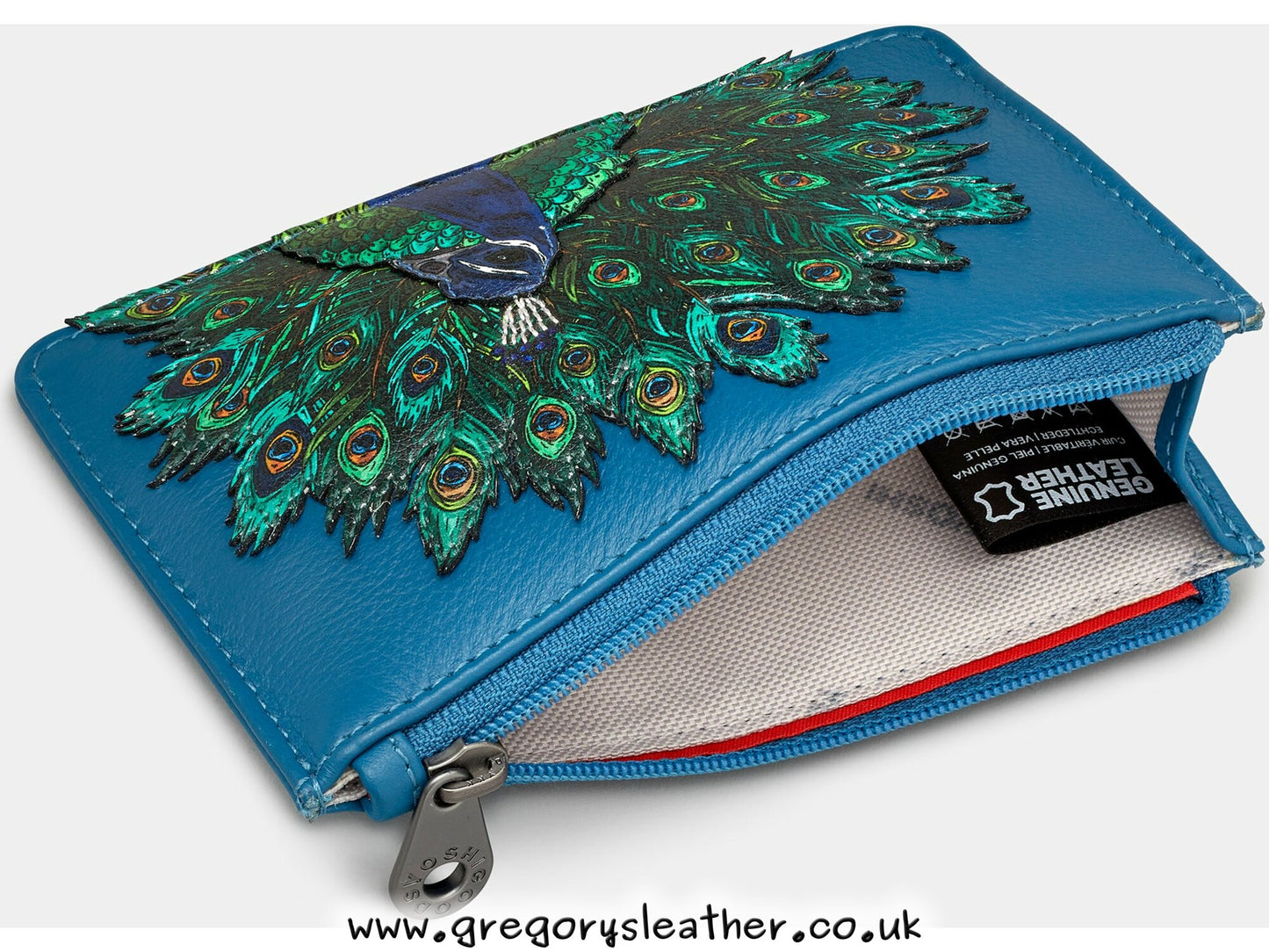 Teal Peacock Plume Zip Top Leather Purse by Yoshi