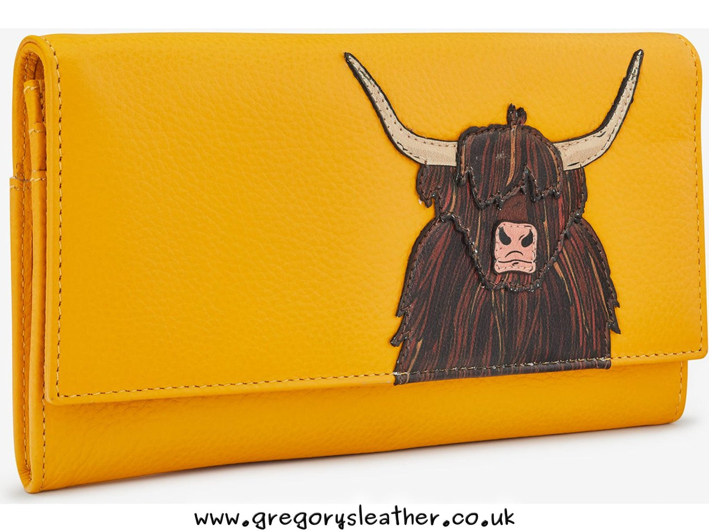 Mustard Highland Cow Flap Over Leather Purse by Yoshi