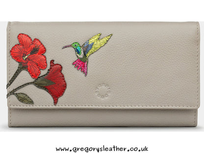 Warm Grey Petals & Feathers Petal & Feathers Hummingbird Flap Over Leather Purse by Yoshi