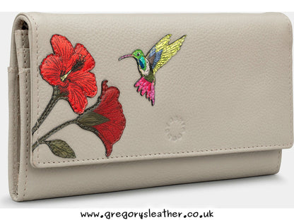 Warm Grey Petals & Feathers Petal & Feathers Hummingbird Flap Over Leather Purse by Yoshi