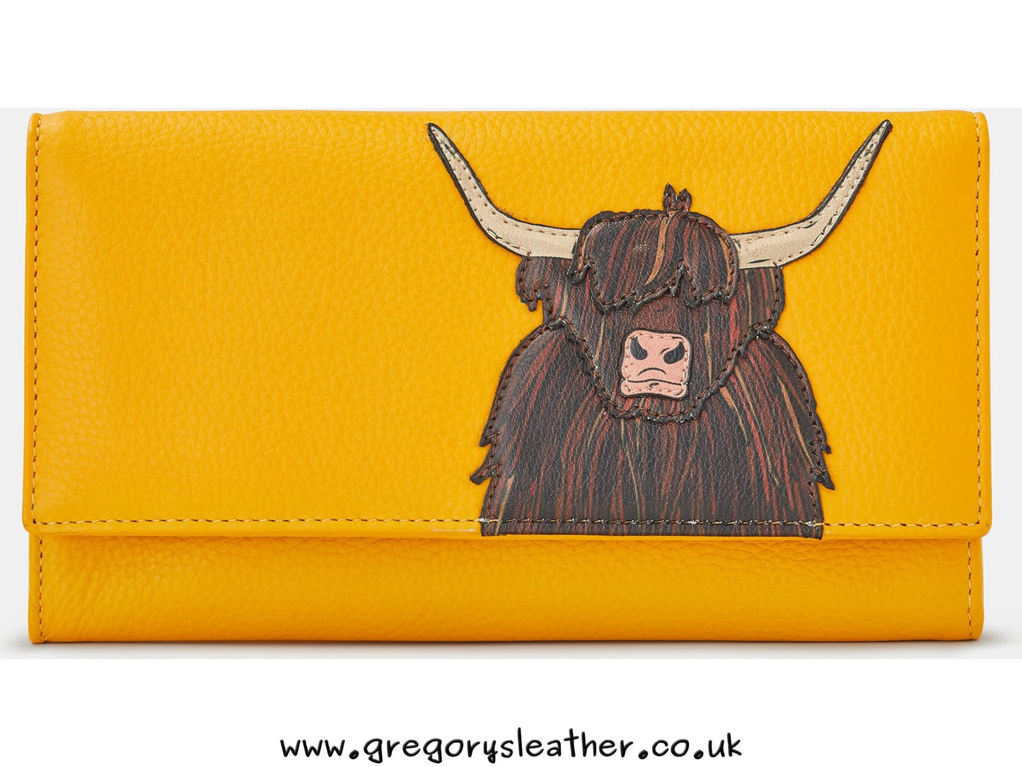 Mustard Highland Cow Flap Over Leather Purse by Yoshi