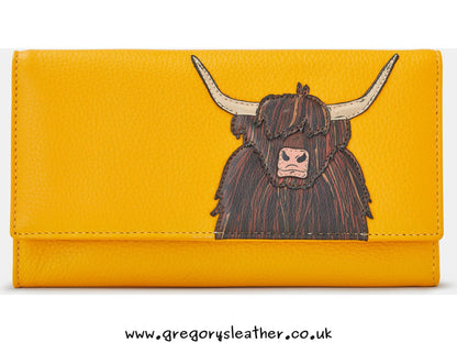 Mustard Highland Cow Flap Over Leather Purse by Yoshi