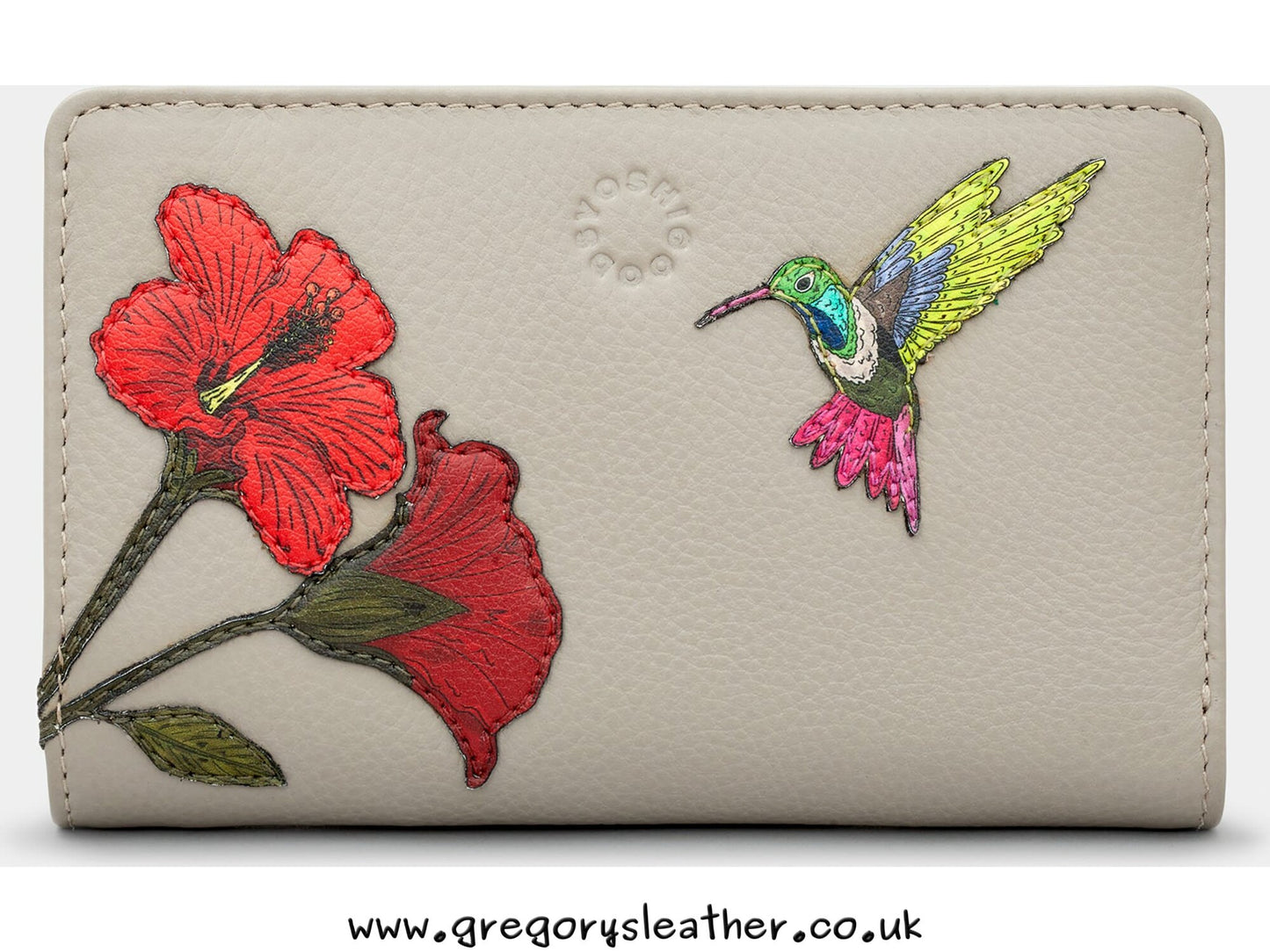 Warm Grey Petals & Feathers Petal & Feathers Hummingbird Flap Over Zip Round Leather Purse by Yoshi