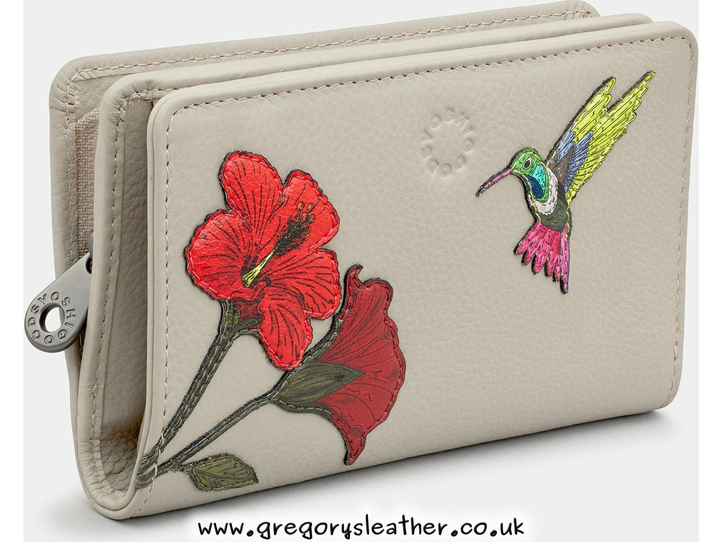 Warm Grey Petals & Feathers Petal & Feathers Hummingbird Flap Over Zip Round Leather Purse by Yoshi