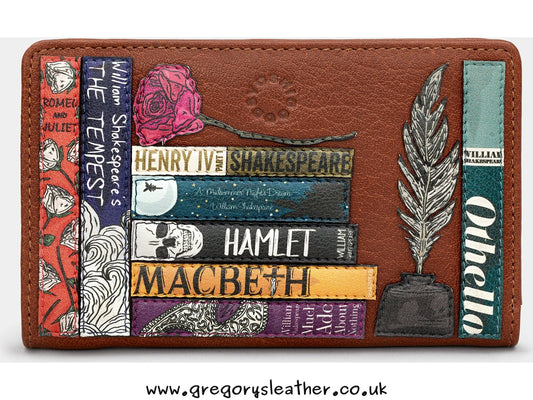 Tan William Shakespeare Shakespeare Bookworm Library Zip Around Leather Purse by Yoshi