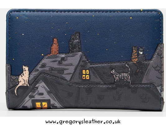 Stargazing Cats Flap Over Zip Around Leather Purse by Yoshi