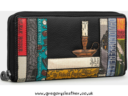 Black Charles Dickens Dickens Bookworm Zip Round Leather Purse by Yoshi