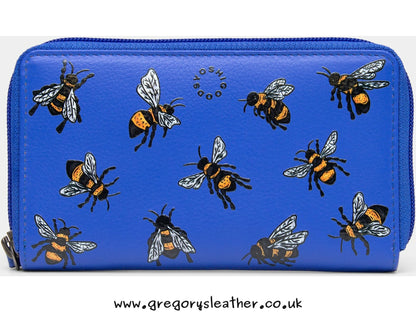 Blue Sweet Bees Zip Round Leather Purse With Strap by Yoshi