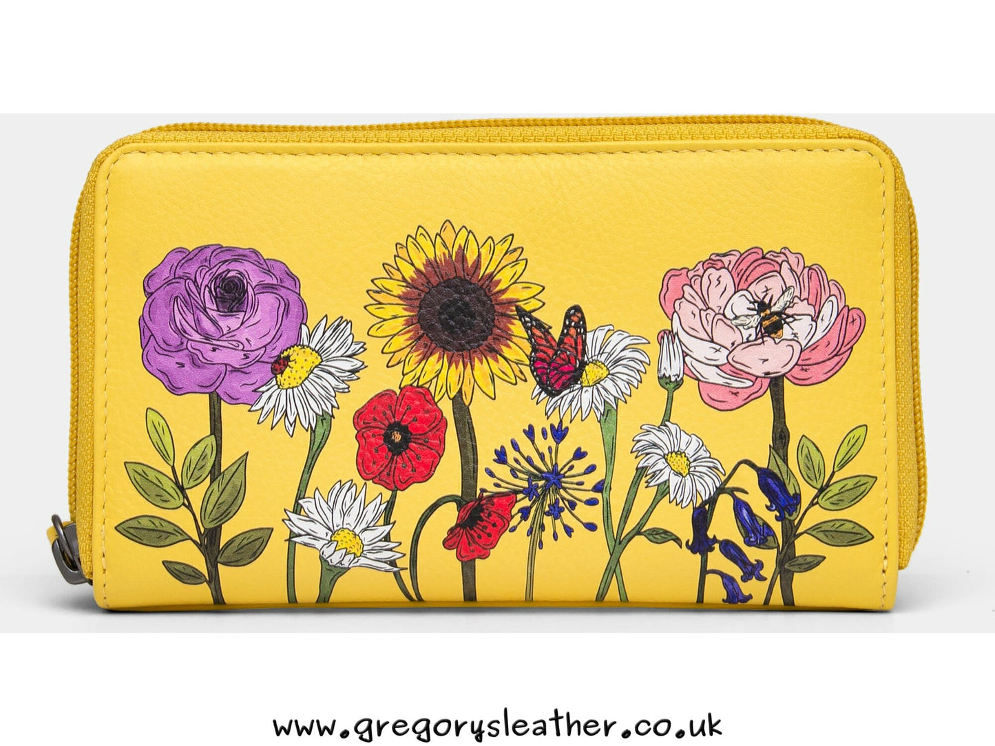 Yellow Buttercup Wildflowers Wildflowers Zip Round Leather Purse With Strap by Yoshi