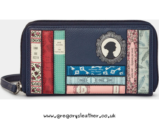 Navy Jane Austen Bookworm Zip Round Leather Purse With Strap by Yoshi
