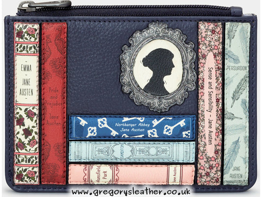 Navy Jane Austen Bookworm Zip Top Leather Purse by Yoshi