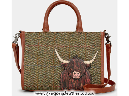 Brown Highland Cow Tweed Leather Grab Bag by Yoshi