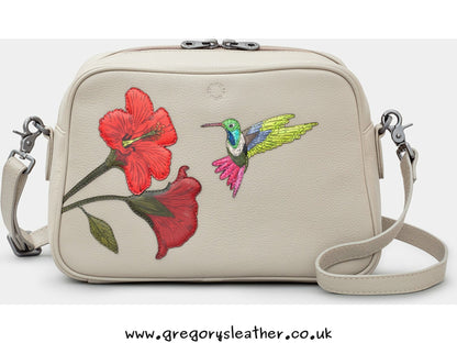 Warm Grey Petals & Feathers Hummingbird Multiway Leather Cross Body Bag by Yoshi