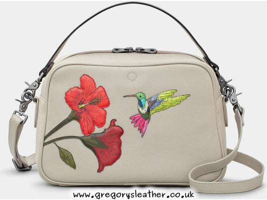 Warm Grey Petals & Feathers Hummingbird Multiway Leather Cross Body Bag by Yoshi