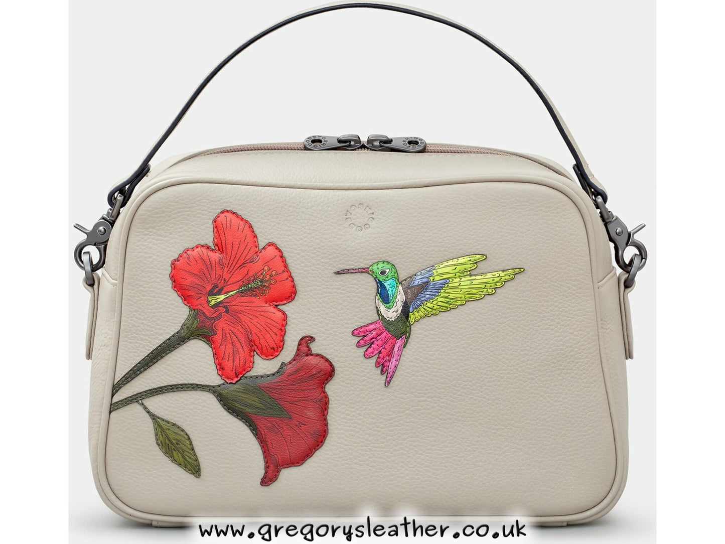 Warm Grey Petals & Feathers Hummingbird Multiway Leather Cross Body Bag by Yoshi