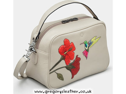 Warm Grey Petals & Feathers Hummingbird Multiway Leather Cross Body Bag by Yoshi