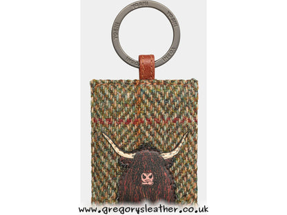 Brown Highland Cow Tweed Leather Keyring by Yoshi