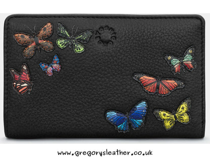 Black Amongst Butterflies Flap Over Zip Around Leather Purse by Yoshi