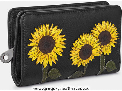 Black Sunflowers Zip Around Leather Purse by Yoshi