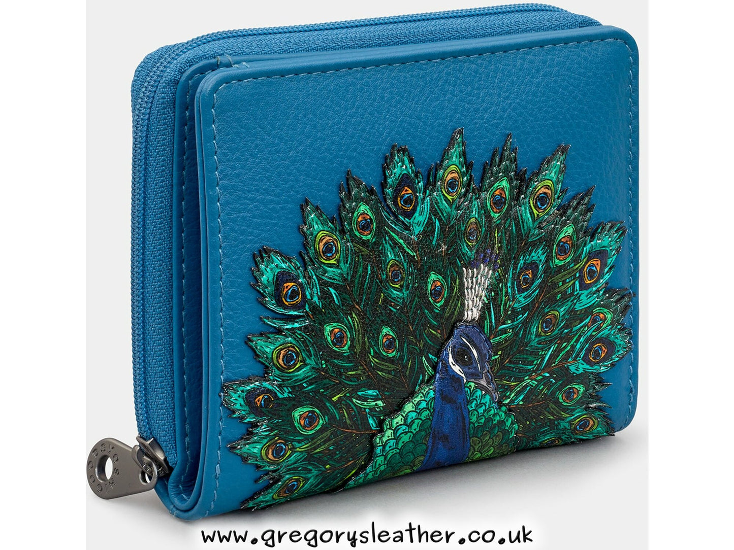 Teal Peacock Plume Leather Zip Round Flap Over Purse by Yoshi