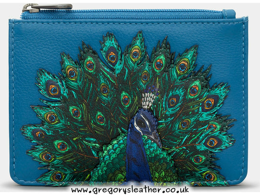 Teal Peacock Plume Zip Top Leather Purse by Yoshi