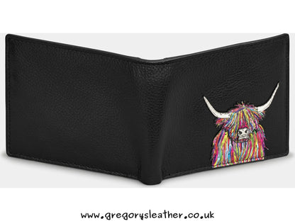 Black Rainbow Highland Cow Highland Cow Leather Wallet by Yoshi