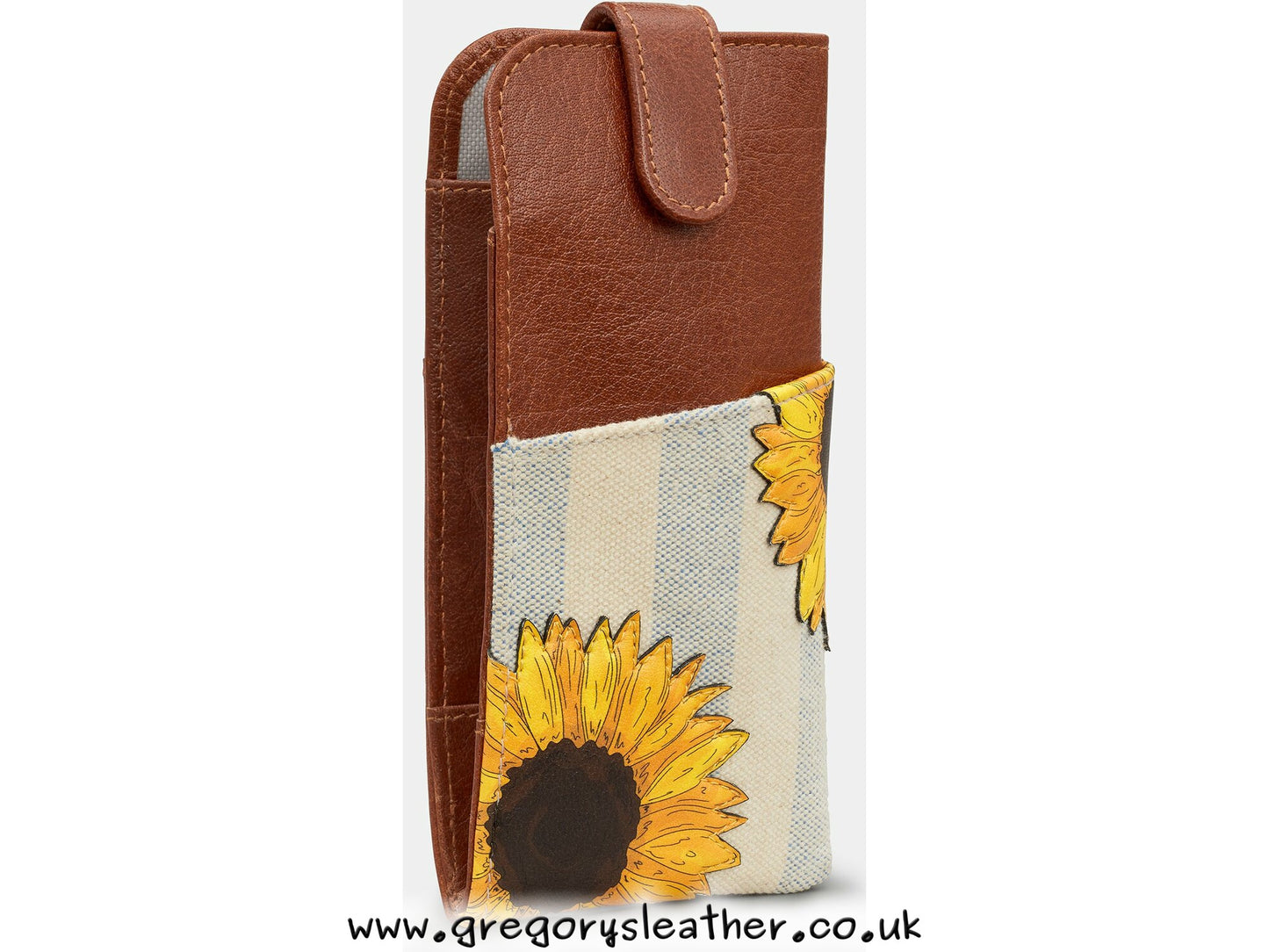 Tan Sunflower Bloom Leather Glasses Case with Tab by Yoshi